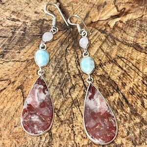 Larimar, Rose Quartz & Wave Dolostone Dolomite Earrings 3”